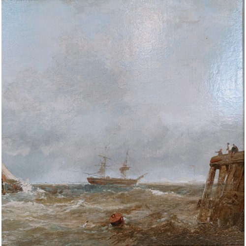 631 - Attributed to A J Meadews, fishing boat leaving harbour, oil on canvas, 30 x 46 cm