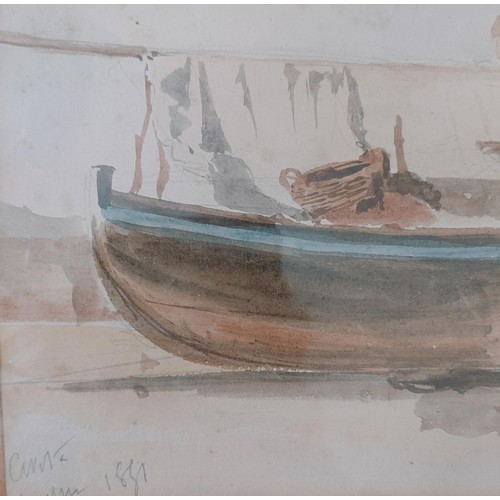 634 - Emile Dominique Roux (French 1882-1915), Figures In A Boat at Low Tide, watercolour, annotated, sign... 