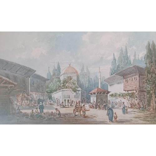 637 - Emile Dominique Roux (French 1882-1915), A Market Square, watercolour, 23 x 38 cm, sold with a copy ... 