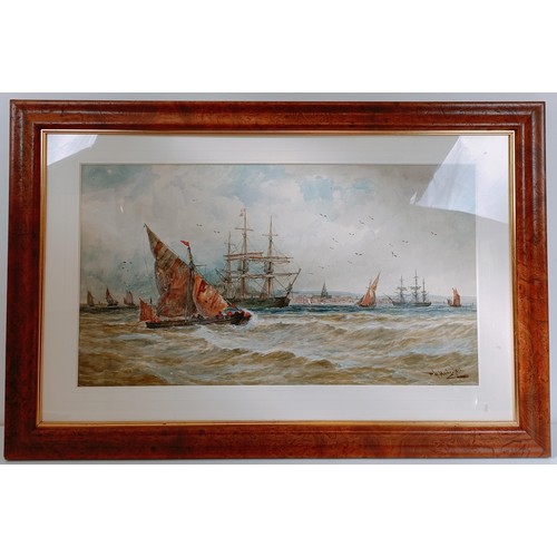 640 - Thomas Bush Hardy, ships at sea, watercolour, signed, 34 x 66 cm