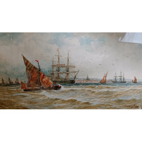 640 - Thomas Bush Hardy, ships at sea, watercolour, signed, 34 x 66 cm