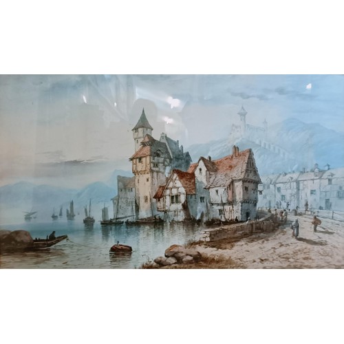 660 - 19th century, Continental school, landscape with a village by a lake, watercolour, 70 x 120 cm