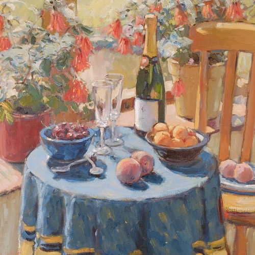 663 - Edward Noott, RBSA (British b. 1963) Champagne on a garden table, oil on canvas, signed, 69 x 69 cm