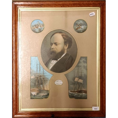 680 - A late Victorian coloured print of S Plimsoll Esq MP The Seaman's Friend, pictures in a birdseye map... 