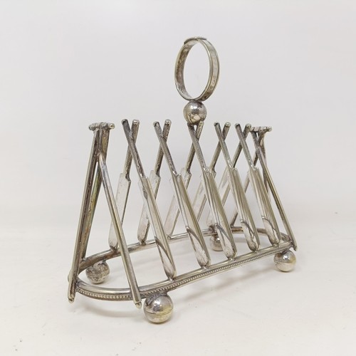 707 - A late Victorian silver plated novelty toast rack, the divisions in the form of cricket bats, 18 cm ... 