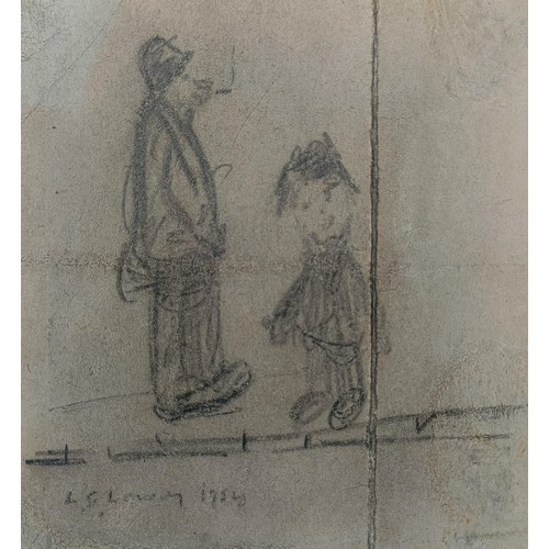 685 - After L S Lowry, two figures, charcoal, bearing signature and date 1954, 15 x 14 cm, annotated verso... 