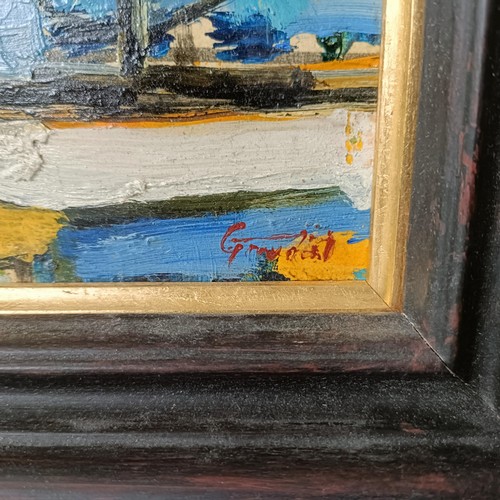 686 - Auguste-Jean Gaudin, boats on a lake, oil on board, signed, 24 x 16 cm, framed, exhibition catalogue... 