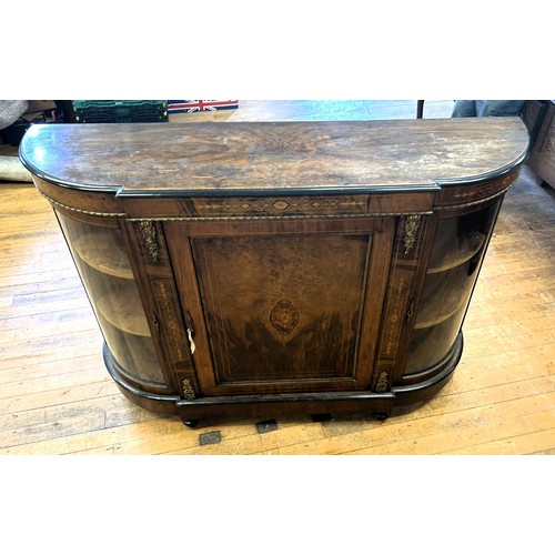 1064 - A Victorian inlaid walnut credenza, with a single cupboard door, flanked by two glazed doors, with g... 