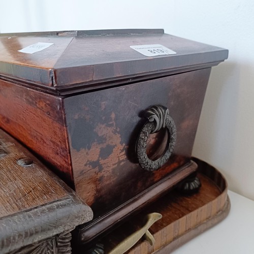 819 - A 19th century rosewood tea caddy, 40 cm wide, a carved oak box, a caddy, a plate stand and a mahoga... 