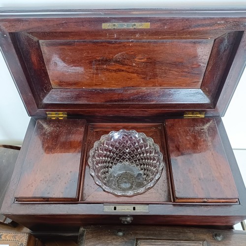 819 - A 19th century rosewood tea caddy, 40 cm wide, a carved oak box, a caddy, a plate stand and a mahoga... 