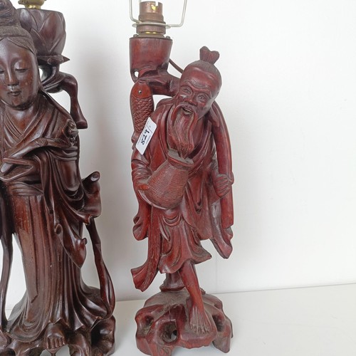 829 - A Chinese carved wood figure, converted to a lamp, 44 cm high, and another, 39 cm high (2)