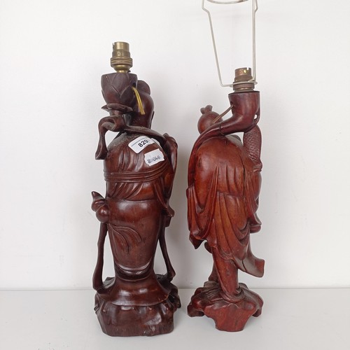 829 - A Chinese carved wood figure, converted to a lamp, 44 cm high, and another, 39 cm high (2)