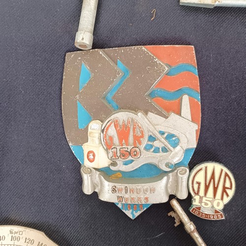 830 - A GWR Swindon Works badge, assorted railway keys, a gauge, and a British Rail jacket (box)