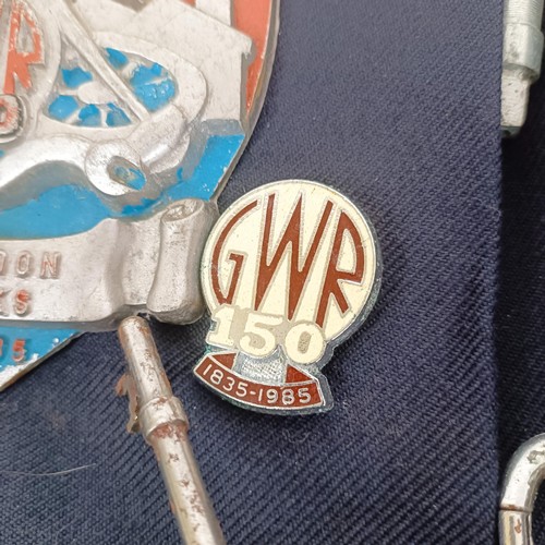 830 - A GWR Swindon Works badge, assorted railway keys, a gauge, and a British Rail jacket (box)