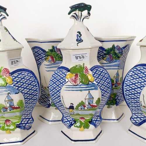 837 - A Delft garniture, comprising three vases with lids, 34 cm high, and a pair of vases, 26 cm high (5)