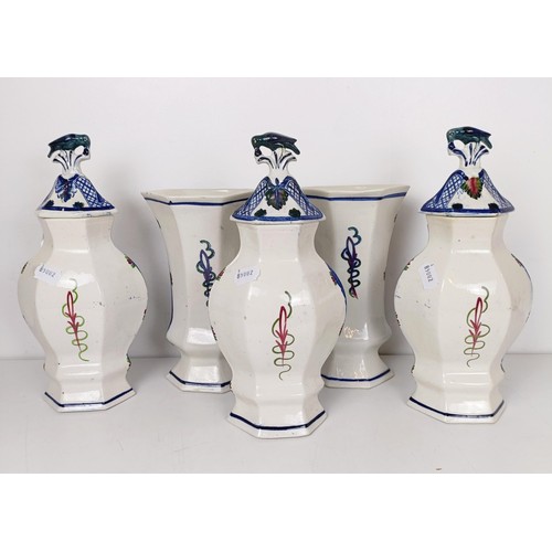 837 - A Delft garniture, comprising three vases with lids, 34 cm high, and a pair of vases, 26 cm high (5)