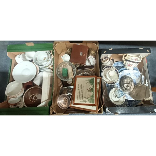 857 - A silver backed mirror, assorted ceramics and other items (3 boxes)