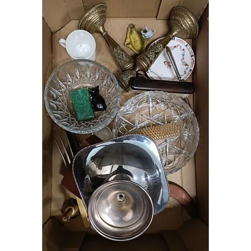 857 - A silver backed mirror, assorted ceramics and other items (3 boxes)