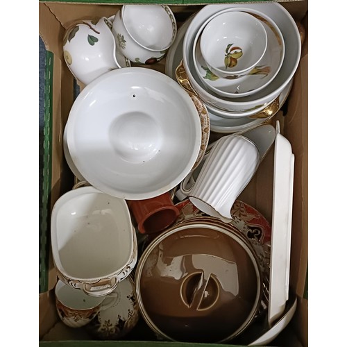 857 - A silver backed mirror, assorted ceramics and other items (3 boxes)