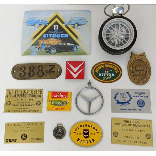 238 - A group of assorted car number plates, rally plaques, badges and other items (box)