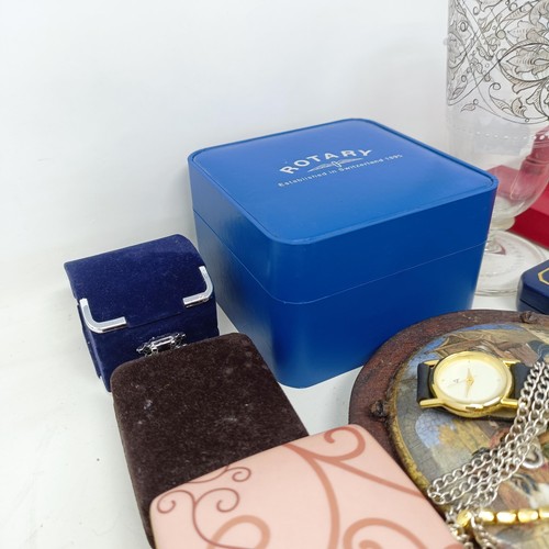 910 - A Pratt ware box lid, an Omega watch box only, assorted costume jewellery and other items (box)