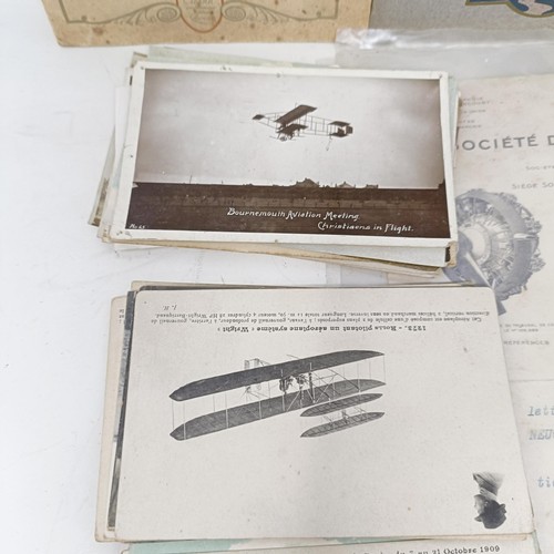 907 - Assorted early aviation and flight postcards, many French, and other flight related ephemera, monoch... 