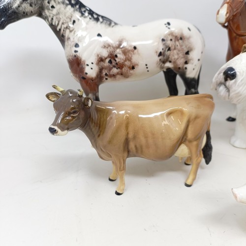 897 - A Beswick horse and rider, a horse, cow, pig and a dog (5)