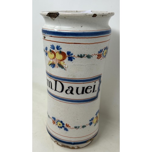 890 - A 19th century Delft albarello, reading Sem. Dauer., 26 cm high