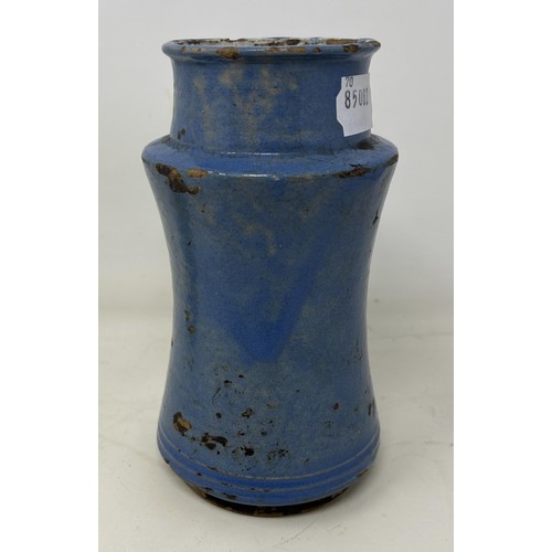 892 - A probably Spanish blue glazed albarello, 18 cm high