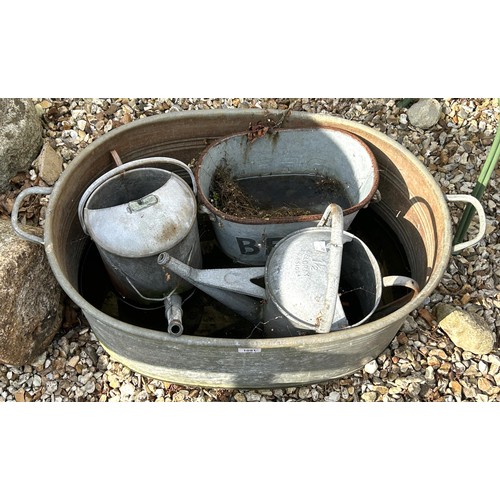 1091 - Three metal watering cans, a metal planter and a tin bath (5)