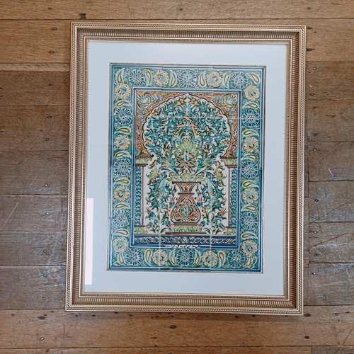 913 - A set of Islamic tiles, decorated vase and flowers, framed, 61 x 44 cm