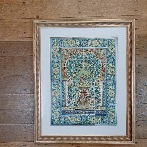 913 - A set of Islamic tiles, decorated vase and flowers, framed, 61 x 44 cm