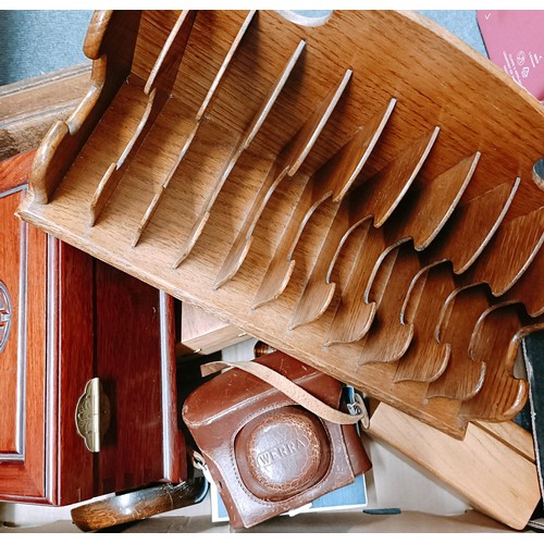 821 - A mahogany letter tray, a jewellery box, and assorted other items (box)