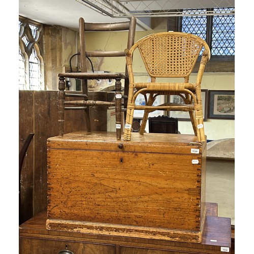 1033 - A mahogany bow front sideboard, 140 cm wide, a pine trunk, two child's chairs and a pair of balloon ... 