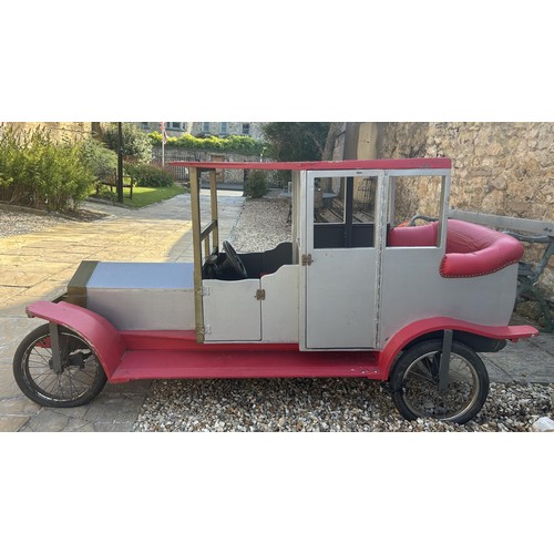 452 - A wooden soap box car or go-kart in the form of a vintage car, with rack and pinion steering and han... 