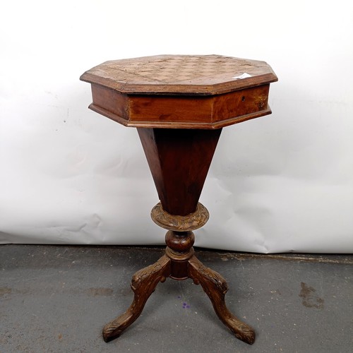 2 - A Victorian walnut work table, top inset with chess board, in need of extensive restoration, 45 cm w... 