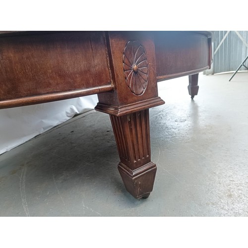 107 - A mahogany coffee table, 47 cm high x 107 cm deep x 182 cm wide, converted from a dining table