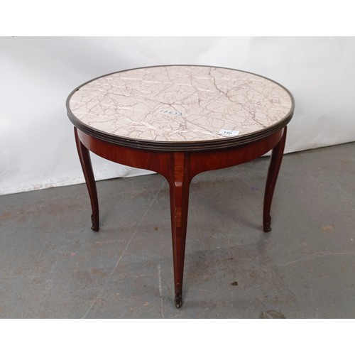 145 - A late 19th century French walnut and marble topped table with gilt metal mounts, 56 cm diameter