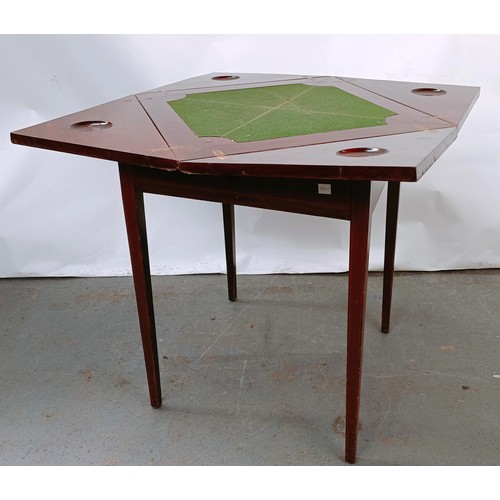 168 - An early 20th century mahogany envelope card table, with a single drawer, on square legs, 54 cm wide