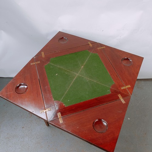 168 - An early 20th century mahogany envelope card table, with a single drawer, on square legs, 54 cm wide