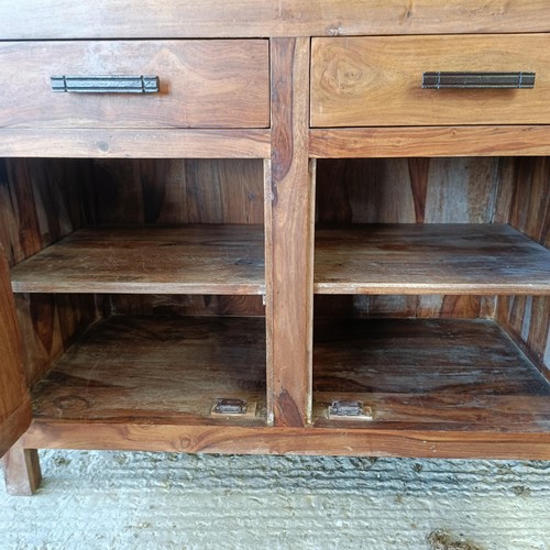 1 - A hardwood display cabinet, with three glazed doors, on a base with three drawers and three cupboard... 