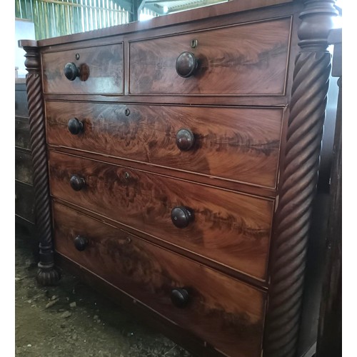 18 - A mahogany chest, with two short and three long drawers spiral turned supports, 136 cm wide<br /><br...