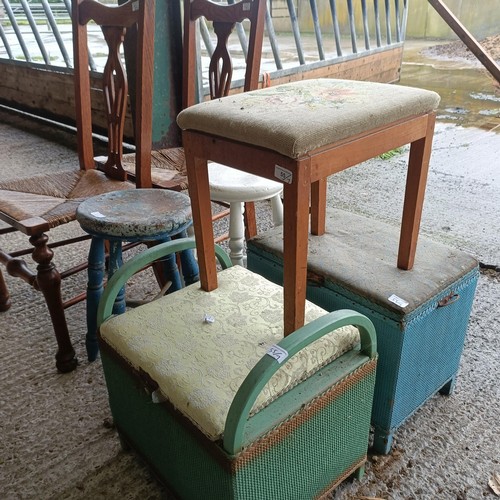 55 - A pair of oak single chairs, a pair of stools, a piano stool, a single stool, and a Lloyd Loom type ...