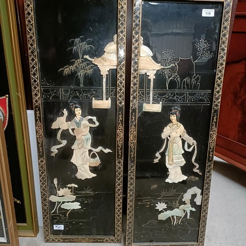 119 - A pair of Chinese style panels, assorted pictures, dolls, a red and white meat plate and other ceram... 