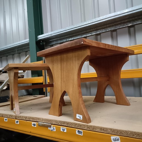 156 - A carved stool, 38 cm diameter, a folding table and a pair of light oak stools (4)Please note collec... 