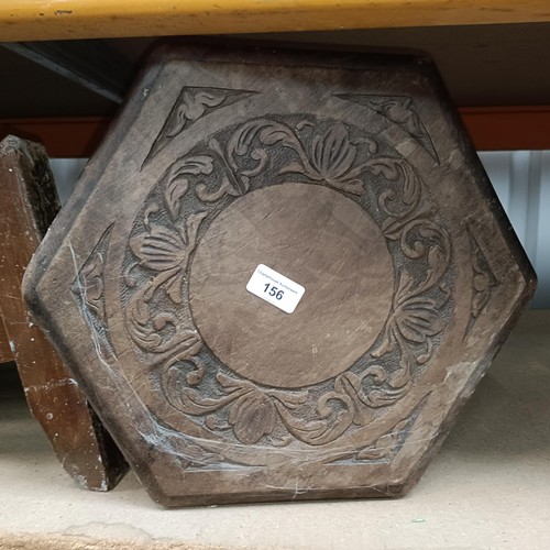 156 - A carved stool, 38 cm diameter, a folding table and a pair of light oak stools (4)Please note collec... 