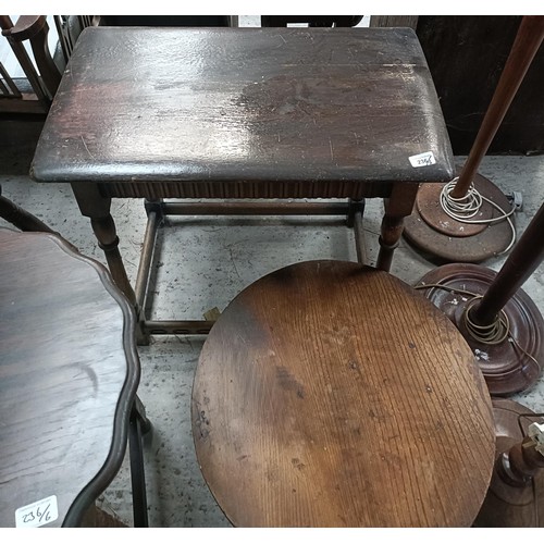 236 - An Ercol style side table, 68 cm wide, two occasional tables and three standard lampsPlease note col... 