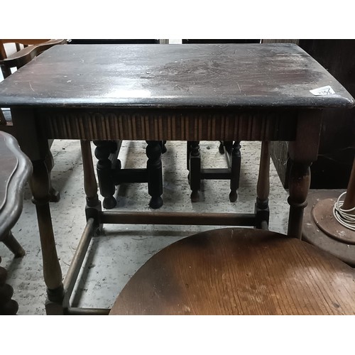 236 - An Ercol style side table, 68 cm wide, two occasional tables and three standard lampsPlease note col... 