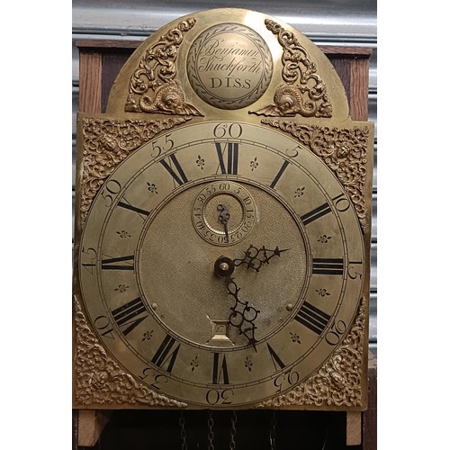 219 - A longcase clock, the brass dial signed Benjamin Shuckforth, Diss, with a subsidiary second dial and... 