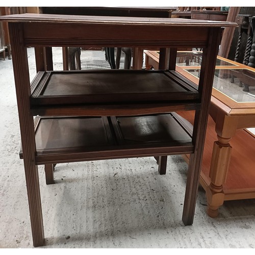 197 - An early 20th century carved oak table, 76 cm wide, and an early 20th century walnut three tier stan... 